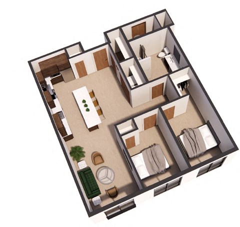 Floor plan for 2 beds, 1 bath, 955 sqft